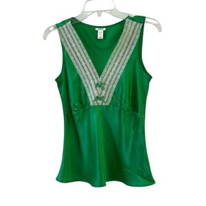 Vintage Y2K Spring 2005 Old Navy Kelly Green Lace Trim Silk Babydoll Top💚